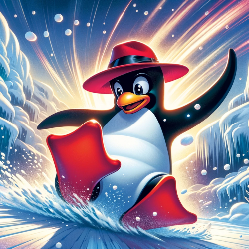 DALLE-2023-12-18-18.09.00---A-dynamic-and-action-packed-scene-featuring-the-classic-Linux-penguin-character.-The-penguin-is-wearing-a-vibrant-red-fedora-and-is-depicted-in-mid-ac.png